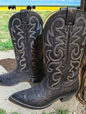 Men's Nocona Black Bull Hide Leather Western Cowboy Boots Excellent Vintage Cond